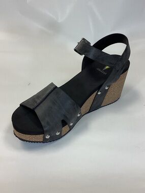 Volatile Black Cork Wedge Sandal with Stud Accents
